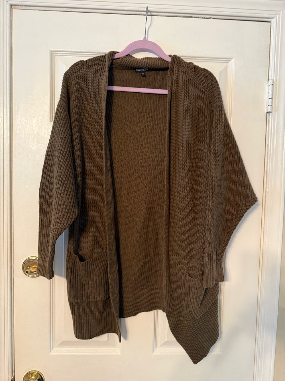 Express Open-Front Brown Ribbed Cardigan with Pockets
